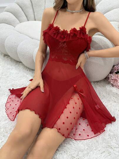 SHEIN فستان نوم بقمصان كامي مشذبة بالدانتيل والشبكة والدانتيل