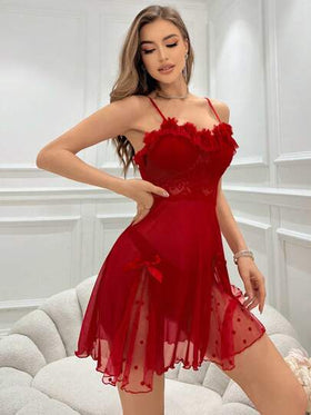 SHEIN فستان نوم بقمصان كامي مشذبة بالدانتيل والشبكة والدانتيل