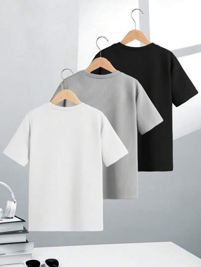 SHEIN طقم ثلاث قطع قمصان قصيرة الأكمام للفتيان بين العمر 8-16 سنوات، الرقبة الدائرية والملمس العادي