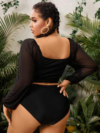 SHEIN Swim Curve ملابس السباحة المنفصلة المجعدة ذات الأكمام الطويلة للسيدات بحجم كبير للشاطئ الصيفي