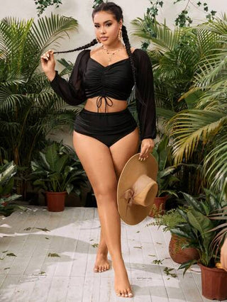 SHEIN Swim Curve ملابس السباحة المنفصلة المجعدة ذات الأكمام الطويلة للسيدات بحجم كبير للشاطئ الصيفي