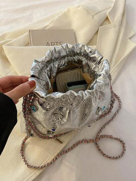 حقيبة كتف موضة فضة بديكور حجر الراين تصميم رباط