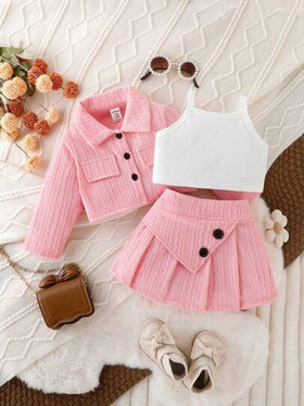 SHEIN ثوب الأطفال الرضع للفتيات مؤلف من ثلاث قطع، مع جاكيت أنيق وتنورة زر بتصميم جميل، لفصلي الربيع والخريف