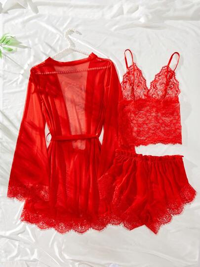 Classic Sexy ملابس داخلية جذابة مكونة من 4 قطع، بما في ذلك الكاميسول، شورت داخلي، رداء، حزام خصر