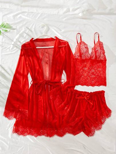 Classic Sexy ملابس داخلية جذابة مكونة من 4 قطع، بما في ذلك الكاميسول، شورت داخلي، رداء، حزام خصر
