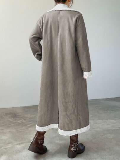 EZwear معطف كاجوال طويل للنساء بياقة فرائية الصدر بتصميم كتل اللون ، موسم الخريف/الشتاء