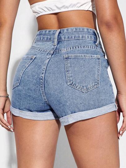 SHEIN Essnce شورت جينز بحافة ملفوف