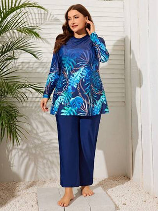 Swim Mulvari مجموعة ملابس السباحة للنساء بأحجام كبيرة طبعة نباتات طويلة الأكمام والسراويل الطويلة