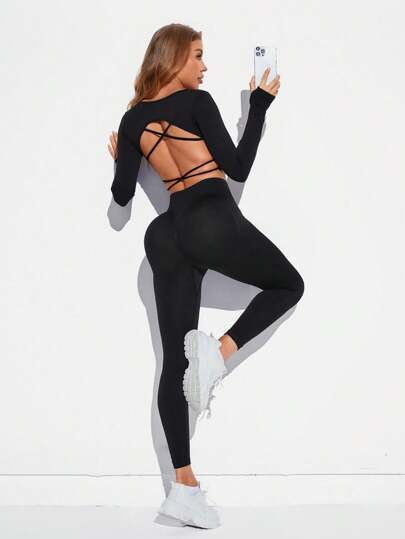 SHEIN Sport Studio مجموعة تمرينات للنساء بطراز الظهر المتقاطع