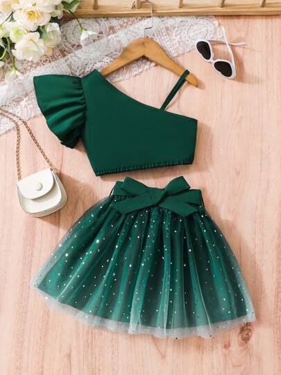 SHEIN Glamorique Kids فستان شباب للفتيات أخضر جميل بأكمام كاب ذو كتف واحد مزين بكشكشة مع تنورة شبكية وحزام