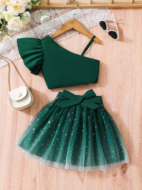 SHEIN Glamorique Kids فستان شباب للفتيات أخضر جميل بأكمام كاب ذو كتف واحد مزين بكشكشة مع تنورة شبكية وحزام