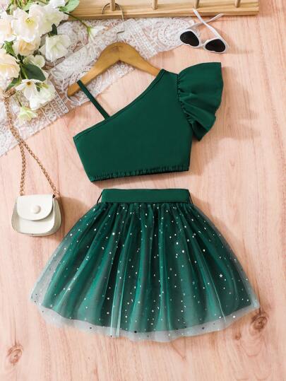 SHEIN Glamorique Kids فستان شباب للفتيات أخضر جميل بأكمام كاب ذو كتف واحد مزين بكشكشة مع تنورة شبكية وحزام