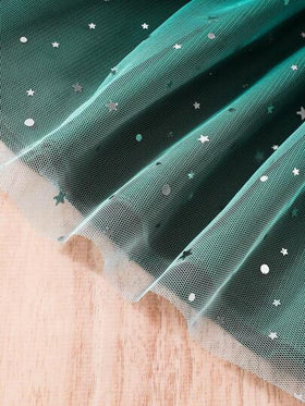 SHEIN Glamorique Kids فستان شباب للفتيات أخضر جميل بأكمام كاب ذو كتف واحد مزين بكشكشة مع تنورة شبكية وحزام