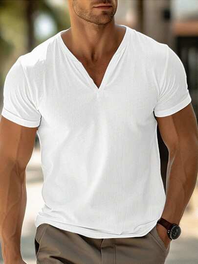 Manfinity Homme ملابس علوية بياقة على شكل جيب قصير الأكمام أحادي اللون، للخروج، للزوج، ملابس علوية هينلي سادة