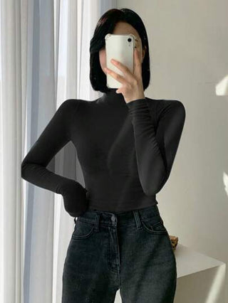 DAZY قميص نسائي بياقة عالية وأكمام طويلة، قميص نسائي ضيق، ملابس نسائية للخريف
