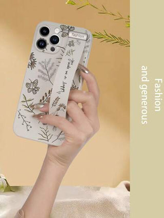 غطاء هاتف مع حزام معصم بتصميم زهري بلون بيج من TPU، مضاد للصدمات، متوافق مع iPhone/Samsung/Xiaomi/Oppo قطعة واحدة