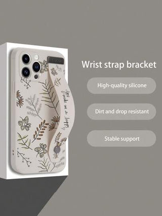 غطاء هاتف مع حزام معصم بتصميم زهري بلون بيج من TPU، مضاد للصدمات، متوافق مع iPhone/Samsung/Xiaomi/Oppo قطعة واحدة