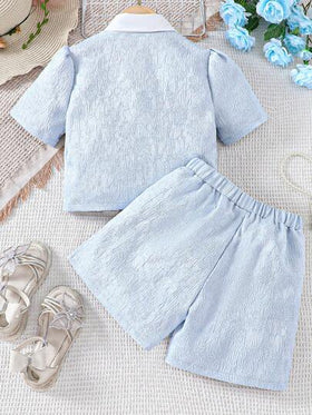 SHEIN طقم جاكيت وشورت من قماش الجاكار بأكمام قصيرة وياقة شال من Tween Girl