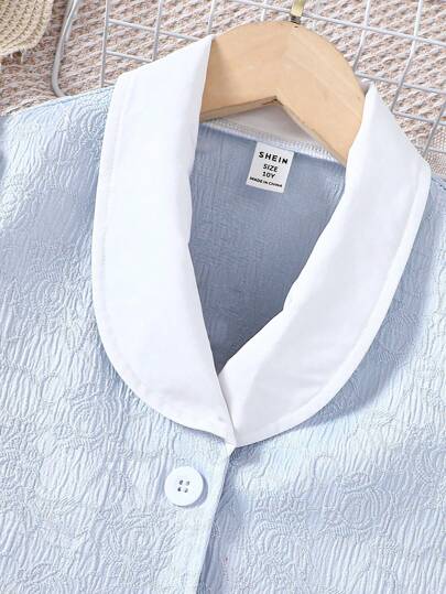SHEIN طقم جاكيت وشورت من قماش الجاكار بأكمام قصيرة وياقة شال من Tween Girl