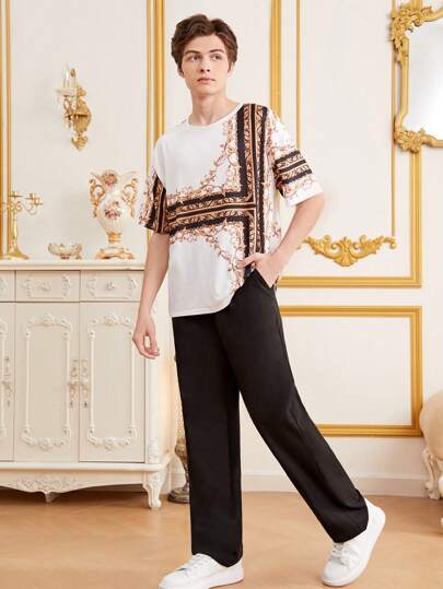 SHEIN تي شيرت رقمي بقصة فضفاضة لفتيان المراهقة للإرتداء العادي
