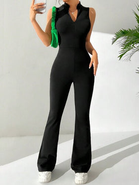 SHEIN EZwear بدلة قصيرة نسائية مع طوق واقف وسحاب أمامي بلون سادة