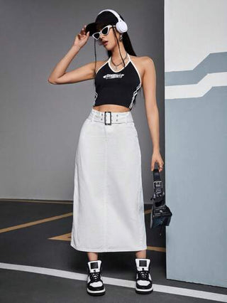 EZwear تنورة جينز مستقيمة ذات فتحة خلفية بلون سادة للسيدات