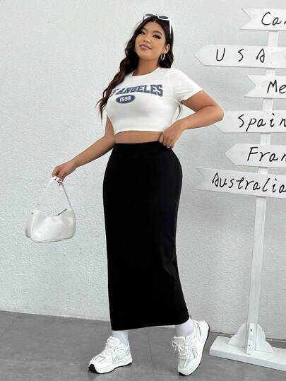 SHEIN EZwear تنورة نسائية سوداء محتشمة ضيقة على الركبة بمقاس زائد ومصنوعة من الصوف الناعم