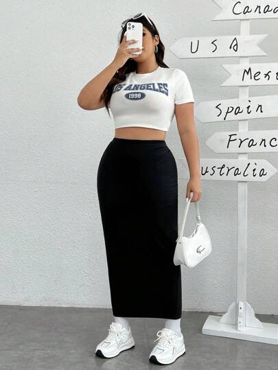 SHEIN EZwear تنورة نسائية سوداء محتشمة ضيقة على الركبة بمقاس زائد ومصنوعة من الصوف الناعم