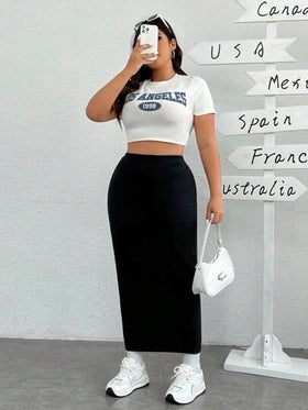 SHEIN EZwear تنورة نسائية سوداء محتشمة ضيقة على الركبة بمقاس زائد ومصنوعة من الصوف الناعم