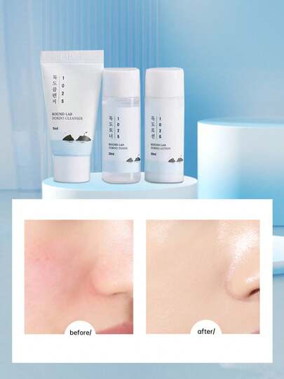 ROUND LAB طقم العناية بالبشرة دوكدو 1025، 3 قطع منظف 15مل + مُنقي 20مل + كريم 20مل للبشرة عرضة للحب [الحجم الصغير]