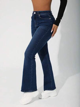 SHEIN PETITE بنطلون جينز بأطراف واسعة وإغلاق بأزرار معدنية في الأمام