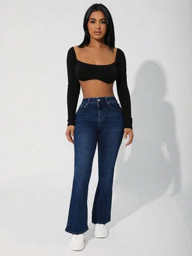 SHEIN PETITE بنطلون جينز بأطراف واسعة وإغلاق بأزرار معدنية في الأمام