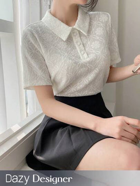 Dazy Designer قميص بولو نسائي أنيق بلون واحد وقوام نسيجي، ملابس كاجوال رسمية للسيدات