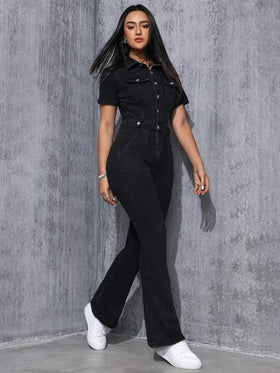 SHEIN EZwear بذلة جينز نسائية بأرجل واسعة وأزرار للإغلاق