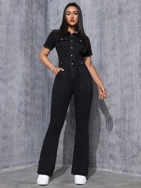 SHEIN EZwear بذلة جينز نسائية بأرجل واسعة وأزرار للإغلاق