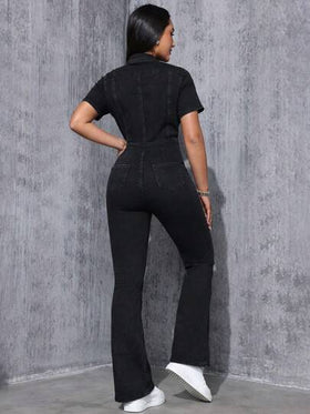 SHEIN EZwear بذلة جينز نسائية بأرجل واسعة وأزرار للإغلاق