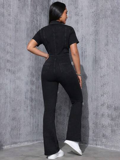 SHEIN EZwear بذلة جينز نسائية بأرجل واسعة وأزرار للإغلاق