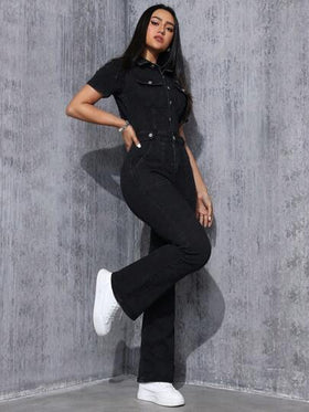 SHEIN EZwear بذلة جينز نسائية بأرجل واسعة وأزرار للإغلاق