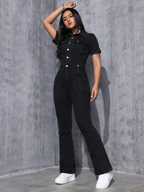 SHEIN EZwear بذلة جينز نسائية بأرجل واسعة وأزرار للإغلاق