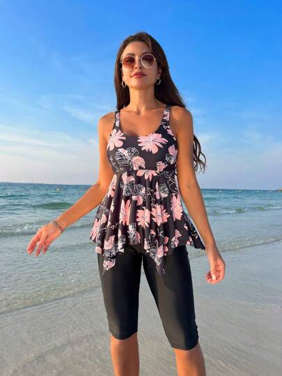 طقم تانكيني حريمي Swim Lushoire مجموعة تانكيني بياقة دائرية مع طبعة زهور شاطئية صيفية وحاشية مكشكشة