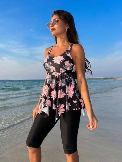 Swim Lushoire مجموعة تانكيني بياقة دائرية مع طبعة زهور شاطئية صيفية وحاشية مكشكشة