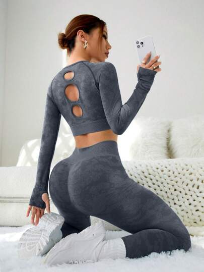 Sport Studio طقم نسائي رياضي سلس بأكمام راغلان، طقم ملابس نسائية تمرين، طقم سراويل ضيقة نسائية