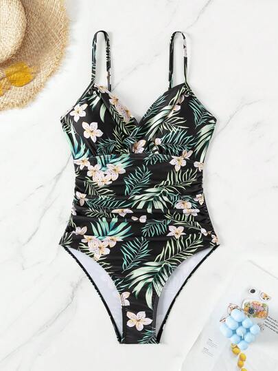 Swim Lushoire بدلة سباحة نسائية قطعة واحدة مع أربطة رفيعة وطبعات نباتية عشوائية للسباحة والعطلات والشاطئ الصيفي
