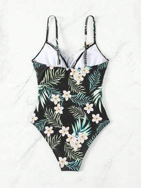Swim Lushoire بدلة سباحة نسائية قطعة واحدة مع أربطة رفيعة وطبعات نباتية عشوائية للسباحة والعطلات والشاطئ الصيفي