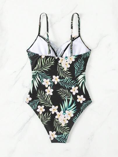 Swim Lushoire بدلة سباحة نسائية قطعة واحدة مع أربطة رفيعة وطبعات نباتية عشوائية للسباحة والعطلات والشاطئ الصيفي