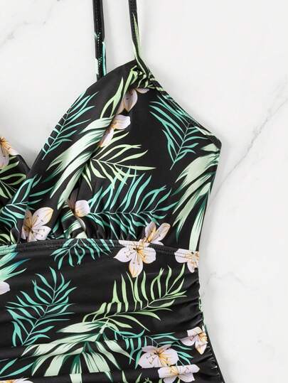 Swim Lushoire بدلة سباحة نسائية قطعة واحدة مع أربطة رفيعة وطبعات نباتية عشوائية للسباحة والعطلات والشاطئ الصيفي