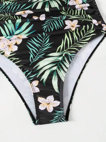 Swim Lushoire بدلة سباحة نسائية قطعة واحدة مع أربطة رفيعة وطبعات نباتية عشوائية للسباحة والعطلات والشاطئ الصيفي