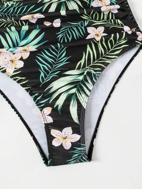 Swim Lushoire بدلة سباحة نسائية قطعة واحدة مع أربطة رفيعة وطبعات نباتية عشوائية للسباحة والعطلات والشاطئ الصيفي