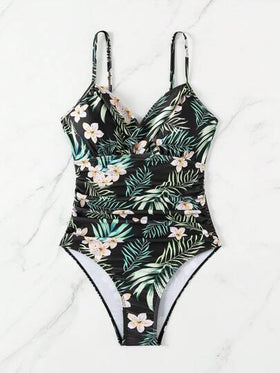 Swim Lushoire بدلة سباحة نسائية قطعة واحدة مع أربطة رفيعة وطبعات نباتية عشوائية للسباحة والعطلات والشاطئ الصيفي