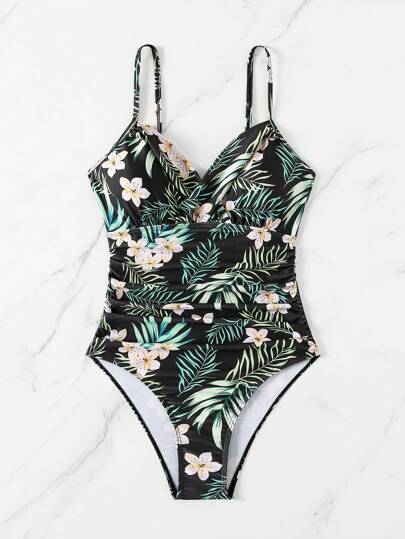 Swim Lushoire بدلة سباحة نسائية قطعة واحدة مع أربطة رفيعة وطبعات نباتية عشوائية للسباحة والعطلات والشاطئ الصيفي